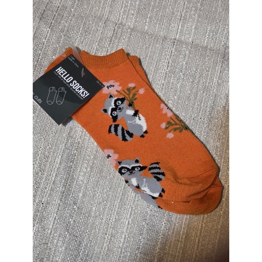 Hello Socks Womens Raccoon Floral Low Cut Ankle Socks Rust Orange OS 4-10 NEW